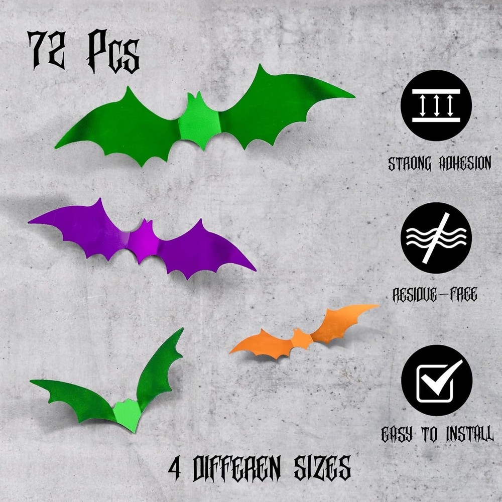 72PCS Halloween Bats Decoration, 4 Sizes PVC Green Orange Purple 3D Stickers
