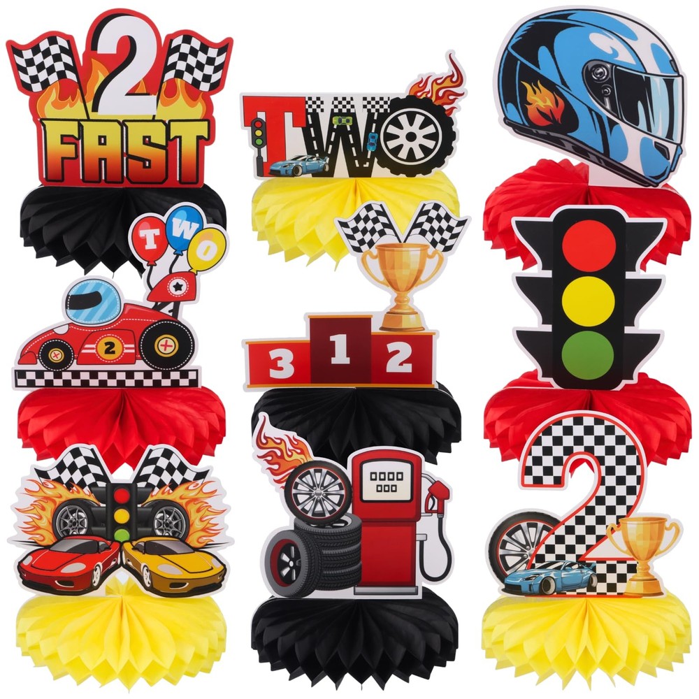 9pcs Race Car 2nd Birthday Honeycomb Centerpieces Let’s Go Racing Two Fast Bi…