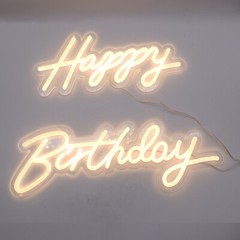 Happy Birthday Warm White Integrative Neon Sign 18 in X 7.05 in+13.3 in X 6.2 in