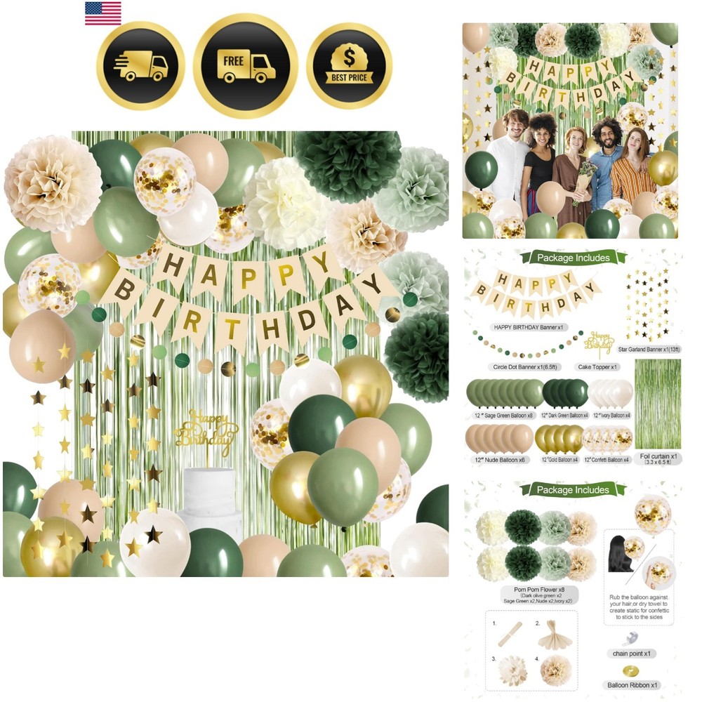 Sage Green Birthday Decorations Party Supplies Balloons Banner Pom Poms