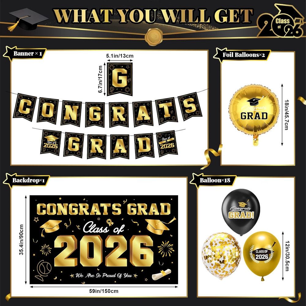 Graduation Decorations 2026-Black and Gold Graduation Party Decorations Suppl…