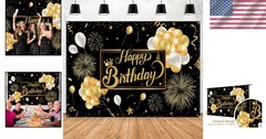 Chic Black & Gold Birthday Backdrop – Large 7x5ft Size for Celebratory Moments