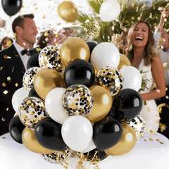 Black Gold White Balloons, 50Pcs 12Inch Matte White Black Metallic Gold Confetti