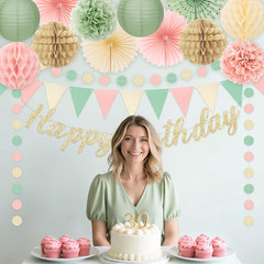Sage Green Pink Birthday Party Decorations Set Banner Fans Garland Kit