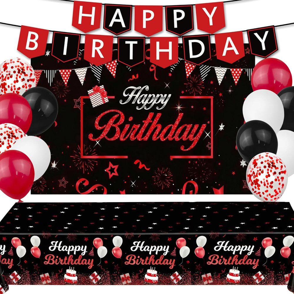 Red Birthday Background Party Supplies Decorations Red and Black Happy Birthday