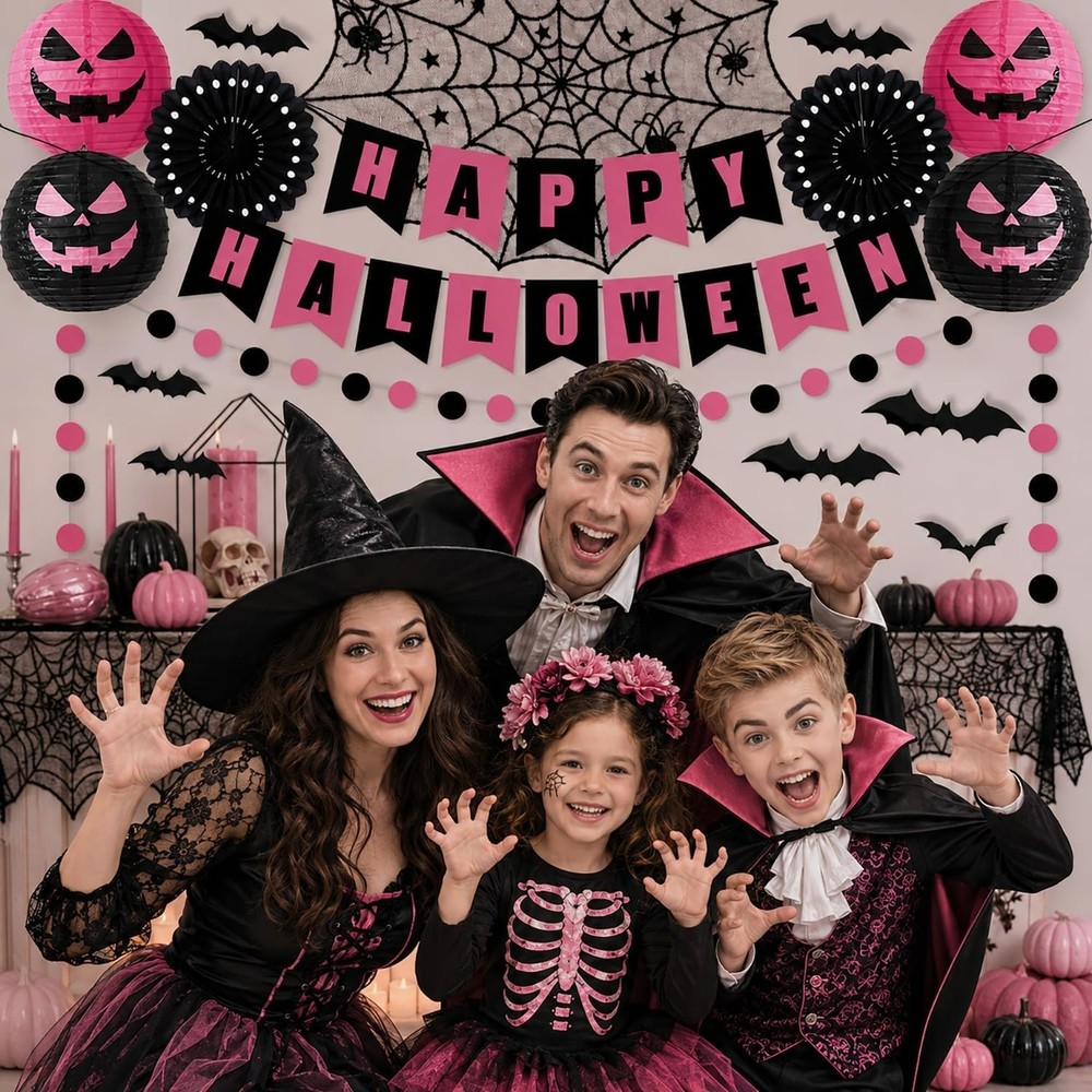 70PCS Halloween Decorations Set – Banner, Paper Lanterns & Fans, Spiderweb Table
