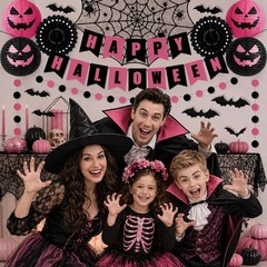 70PCS Halloween Decorations Set – Banner, Paper Lanterns & Fans, Spiderweb Table