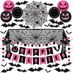 70PCS Halloween Decorations Set – Banner, Paper Lanterns & Fans, Spiderweb Table