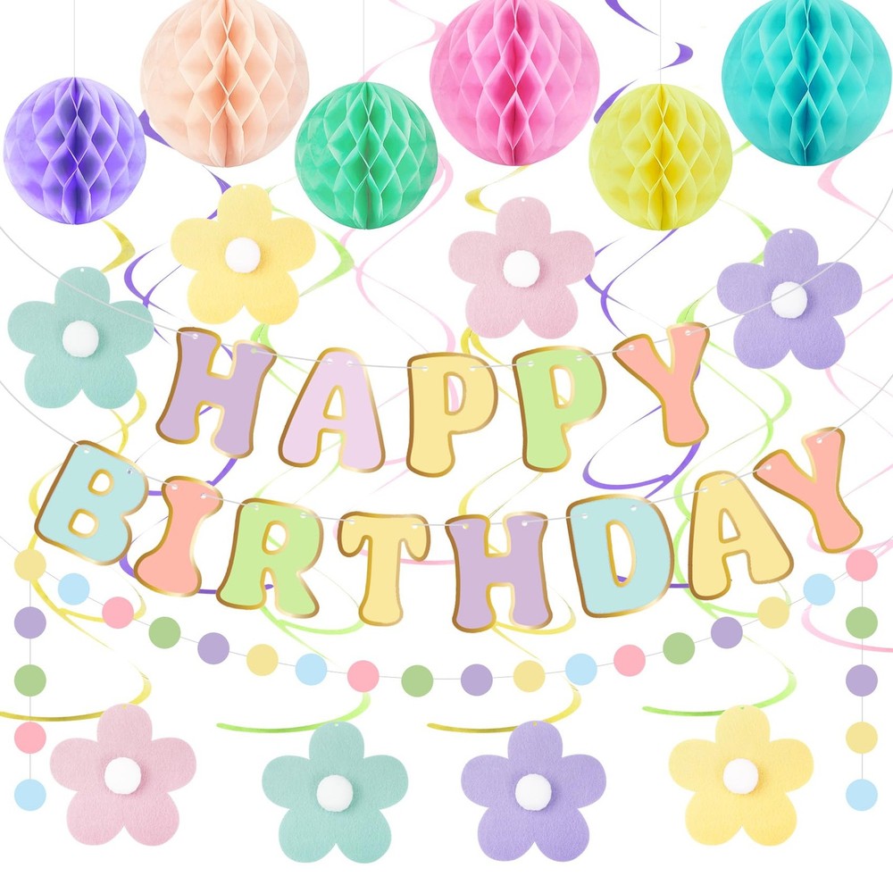 Pastel Birthday Decorations for Girls Women, Happy Birthday Banner with Honey…