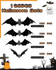 120Pc Halloween Bats Decor Outdoor Indoor,3D Bat Sticker Window (4 Sizes, Black)