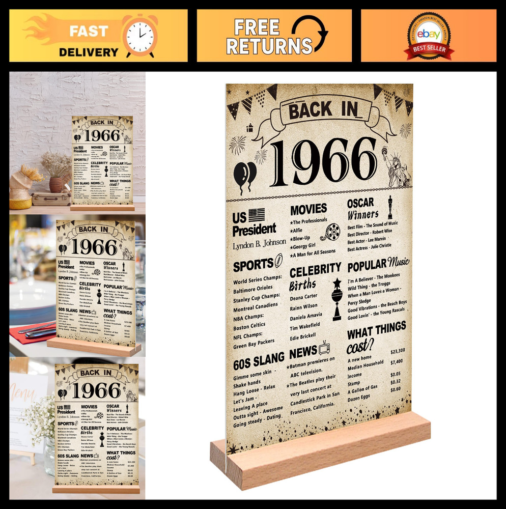 60th Birthday Party Decorations – Vintage 1966 Acrylic Sign & Stand, Table Decor