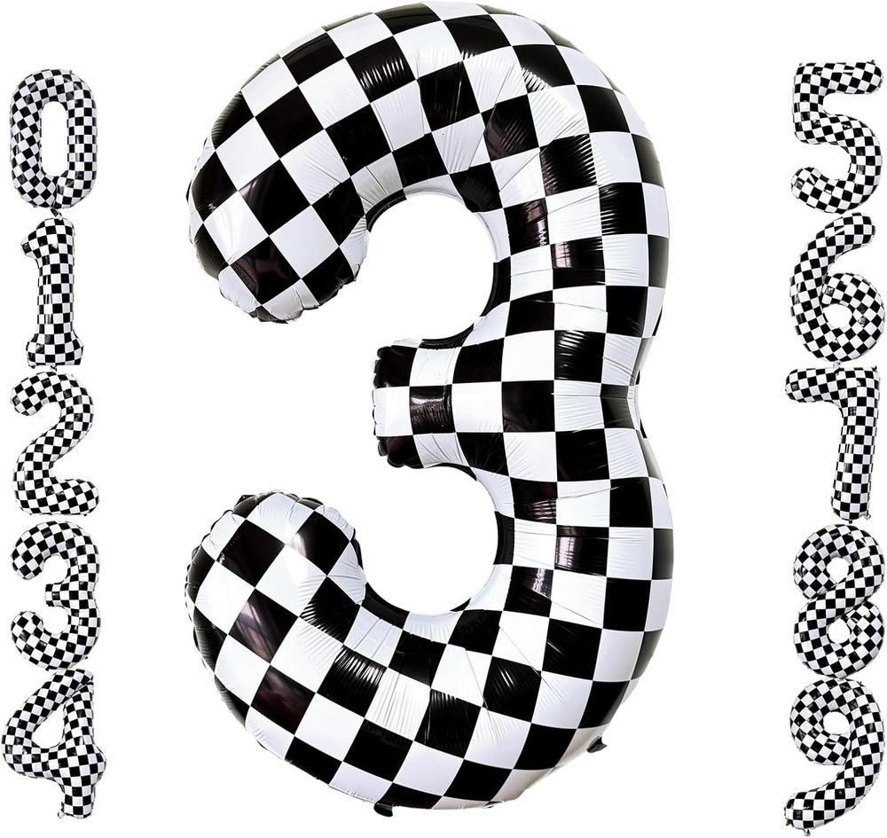 40 Inch Black White Checkered Number 3 Balloon Giant Race Car Themed Checkered B