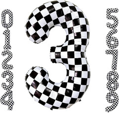 40 Inch Black White Checkered Number 3 Balloon Giant Race Car Themed Checkered B
