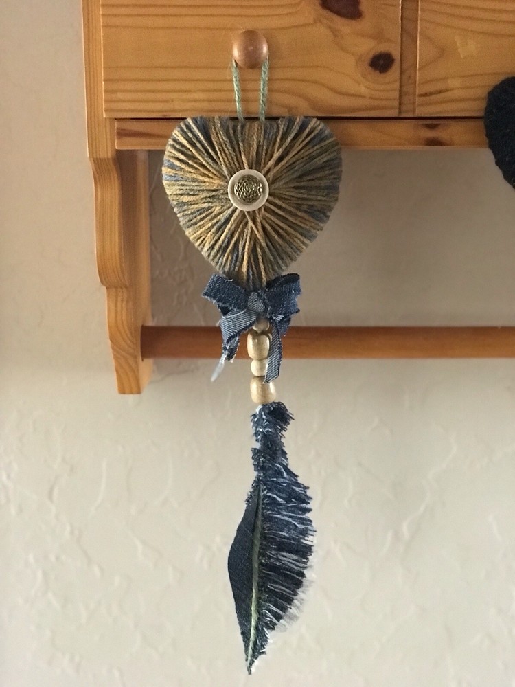 Heart, Handmade Denim Feathers, Hanging Decorations, Wood Beads, Yarn, Repurpose