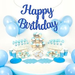 Glitter Blue Happy Birthday Banner – NO DIY,10 Feet Pre-Strung Birthday blue