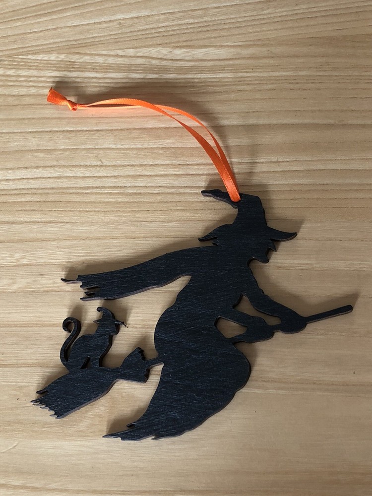 halloween Hanging Black Witch & Cat. Laser Cut Painted Plywood. With Ribbon.