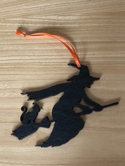 halloween Hanging Black Witch & Cat. Laser Cut Painted Plywood. With Ribbon.