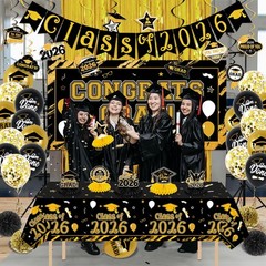 Graduation Decorations 2026 Black and Gold Class of 2026 Banner Congrats Grad B.