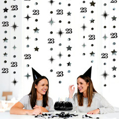 Black 23Th Birthday Decorations Number 23 Circle Dot Star Garland Streamer Banne