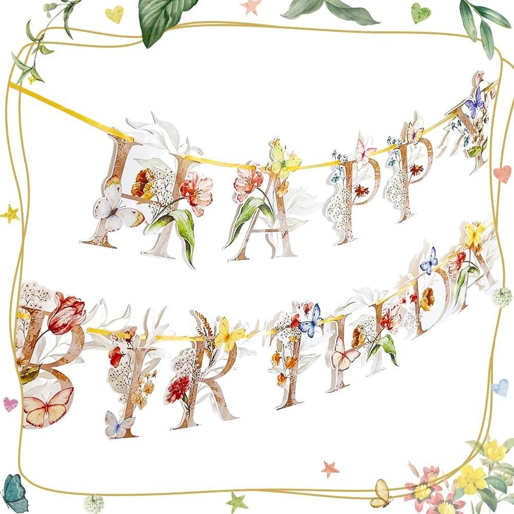 Happy Birthday Banner, Boho Butterflies, Wildflower Party Decor, Multicolor