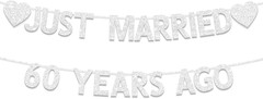 60Th Wedding Anniversary Party Banner Decorations, Silver Glitter Just Marrie…