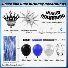Birthday Decorations for Men with Black Metallic Silver Navy Blue Balloons Banne