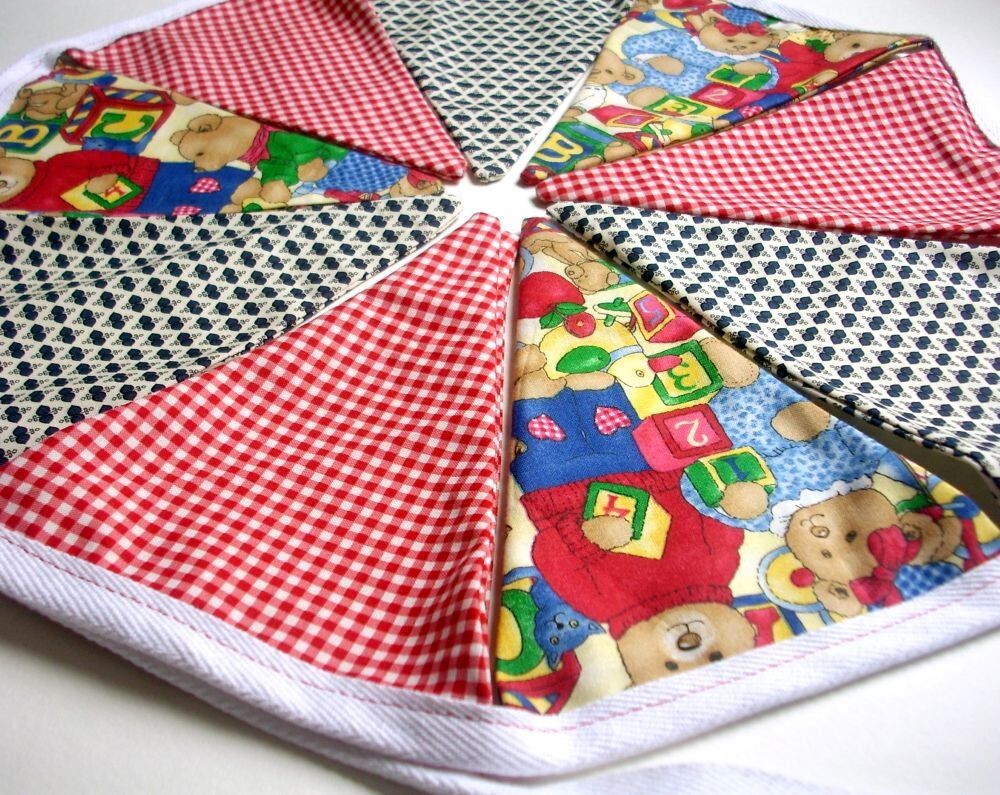 Teddy Bear Print Red, Blue, Yellow, Fabric Party Banner, Cotton, 5 ft long