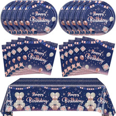 41Pcs Navy Blue Rose Gold Birthday Decorations Happy Birthday Party Tableware Se