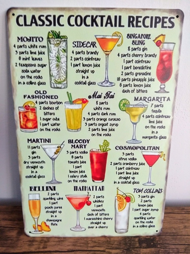 Cocktail Recipes Vintage Metal Sign Large Home Decor Garden Bar Man Cave