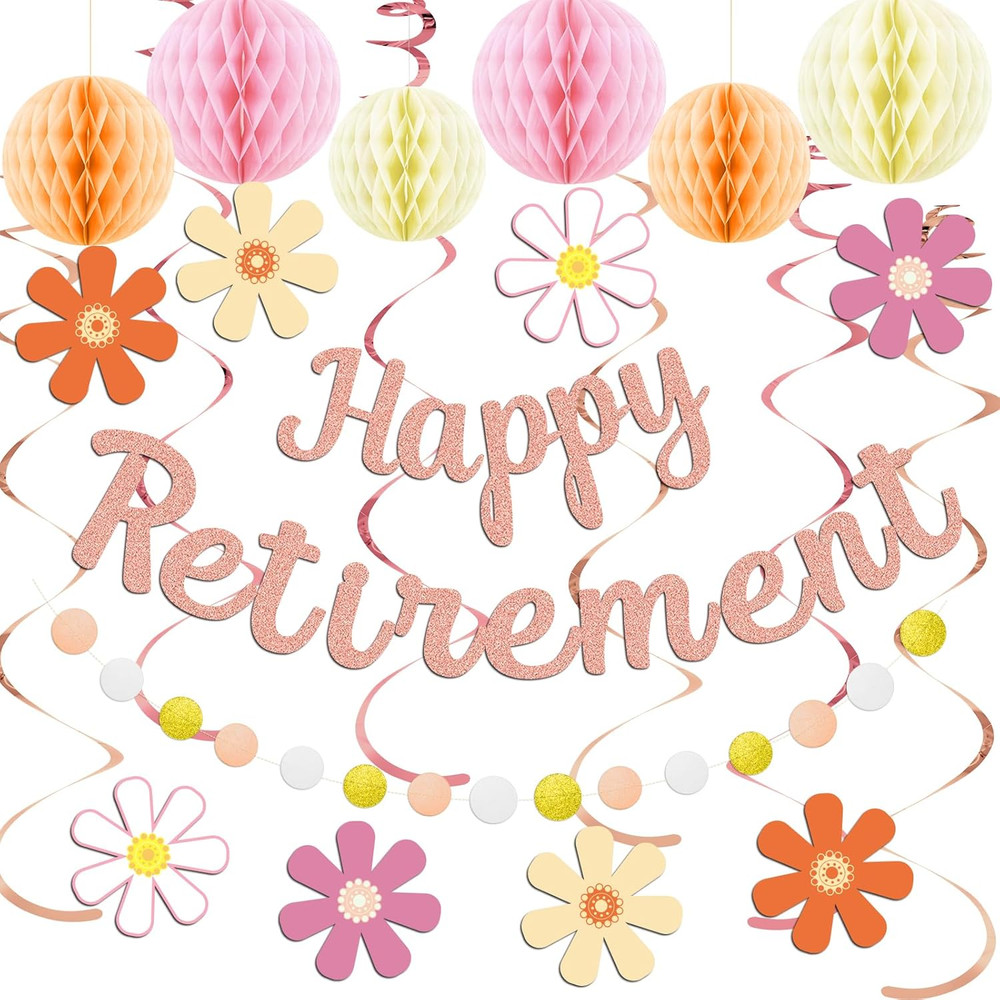 Retirement Party Decorations for Women, Rose Gold Happy Retirement Banner Female