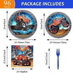 Complete 96PCS Truck Party Decorations – Plates, Napkins, Forks for 24 Kids