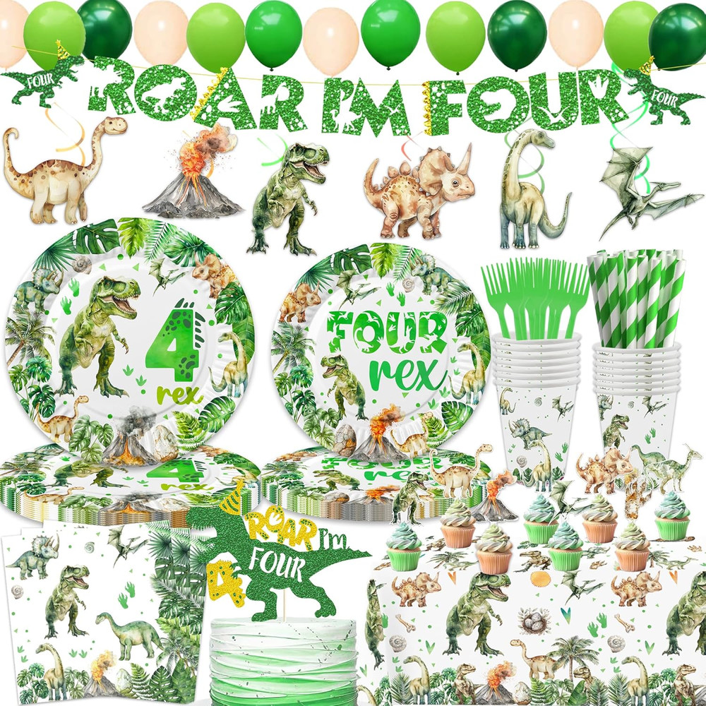 208 Pcs Dinosaur 4Th Birthday Party Supplies, Green Dino Roar I’M Four Birthday