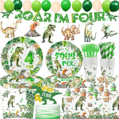 208 Pcs Dinosaur 4Th Birthday Party Supplies, Green Dino Roar I’M Four Birthday