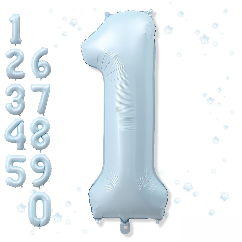 Big Number 1 Balloons, Light Matte Sky Blue Foil 1 Balloon Numbers 40 Inch, G…