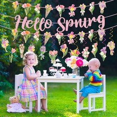 Spring Party Decorations, Hello Spring Hanging Swirls Sign Watercolor Tulip