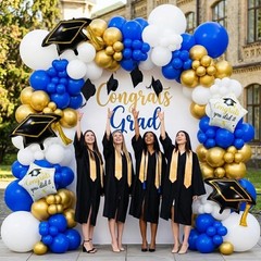 130PCS 2026 Royal Blue Gold White Graduation Balloon Arch Kit Garland Decorat…