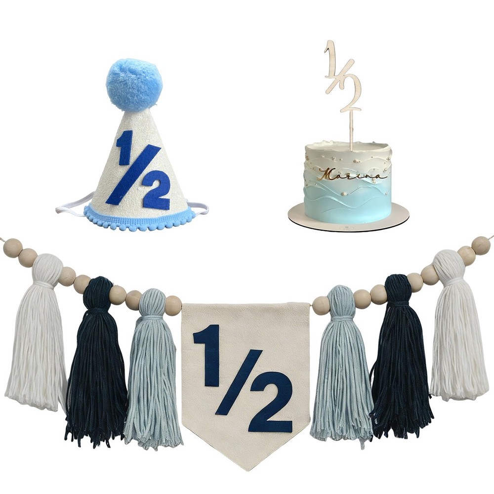 1/2 Boy Royal Blue High Chair Banner,1/2 Cake Topper and Hat Set for 6 Months…