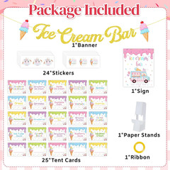Ice Cream Party Decorations Set, Ice Cream Bar Banner with Table Signs & Topping