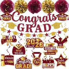 Maroon Graduation Decorations 2026, Glitter Congrats Grad Banner Hanging Swirls