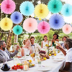 Pastel Rainbow Paper Fans Tissue Flowers Groovy Party Wall Decorations 12 PCS