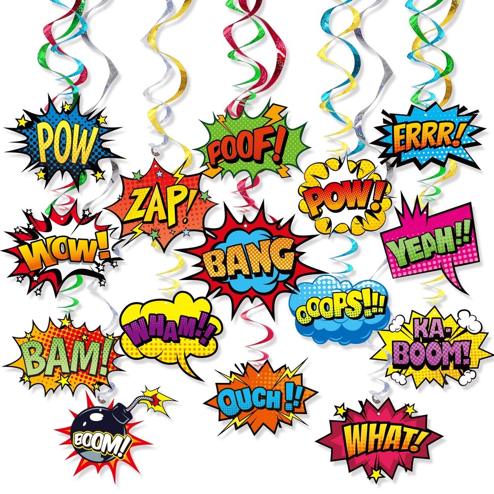 Superhero Hanging Swirls 30 Pack Hero Action Sign Foil Ceiling Hanging Swirls…