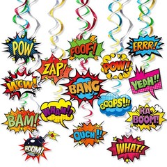 Superhero Hanging Swirls 30 Pack Hero Action Sign Foil Ceiling Hanging Swirls…