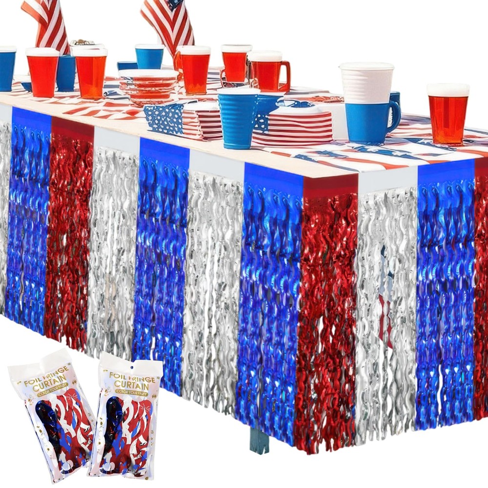 2 Pack 4th of July Table Skirts Decoration Red White Blue Patriotic Wavy Meta…