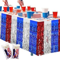 2 Pack 4th of July Table Skirts Decoration Red White Blue Patriotic Wavy Meta…