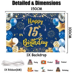 Happy 15th Birthday Backdrop Decorations Blue 15th Blue Gold Background Banner