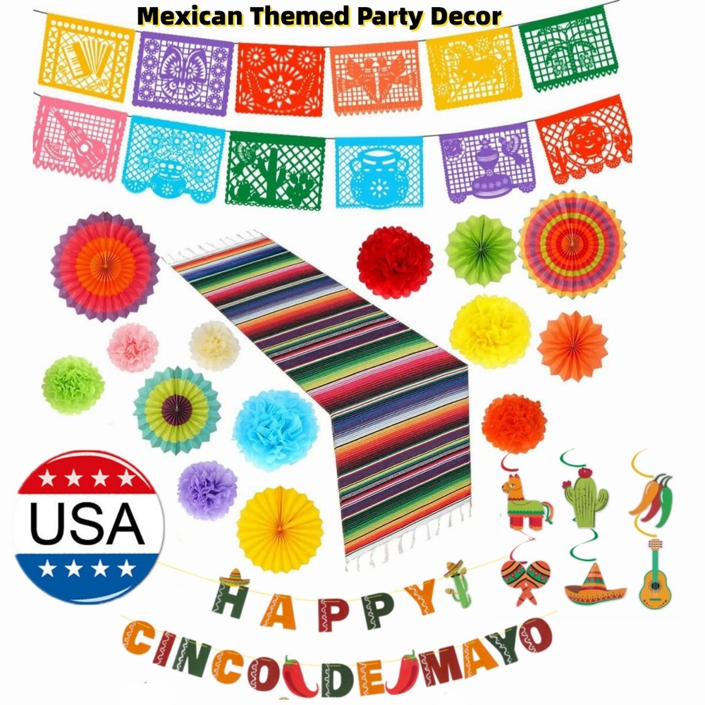 Mexican Themed Party Decorations Set Cinco de Mayo Paper Fan Banner Table Runner