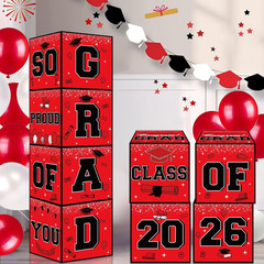 Red and Black Graduation Decorations 2026, 4Pcs Graduation Balloon Boxes with Le