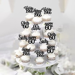 24PCS Black Happy 60th Birthday Cupcake Toppers Sixty Vintage 1966 Cupcake Pi…