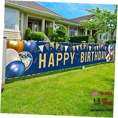 Happy Birthday Yard Sign Banner – Large 118″ x 19.7″ Navy Blue and Gold