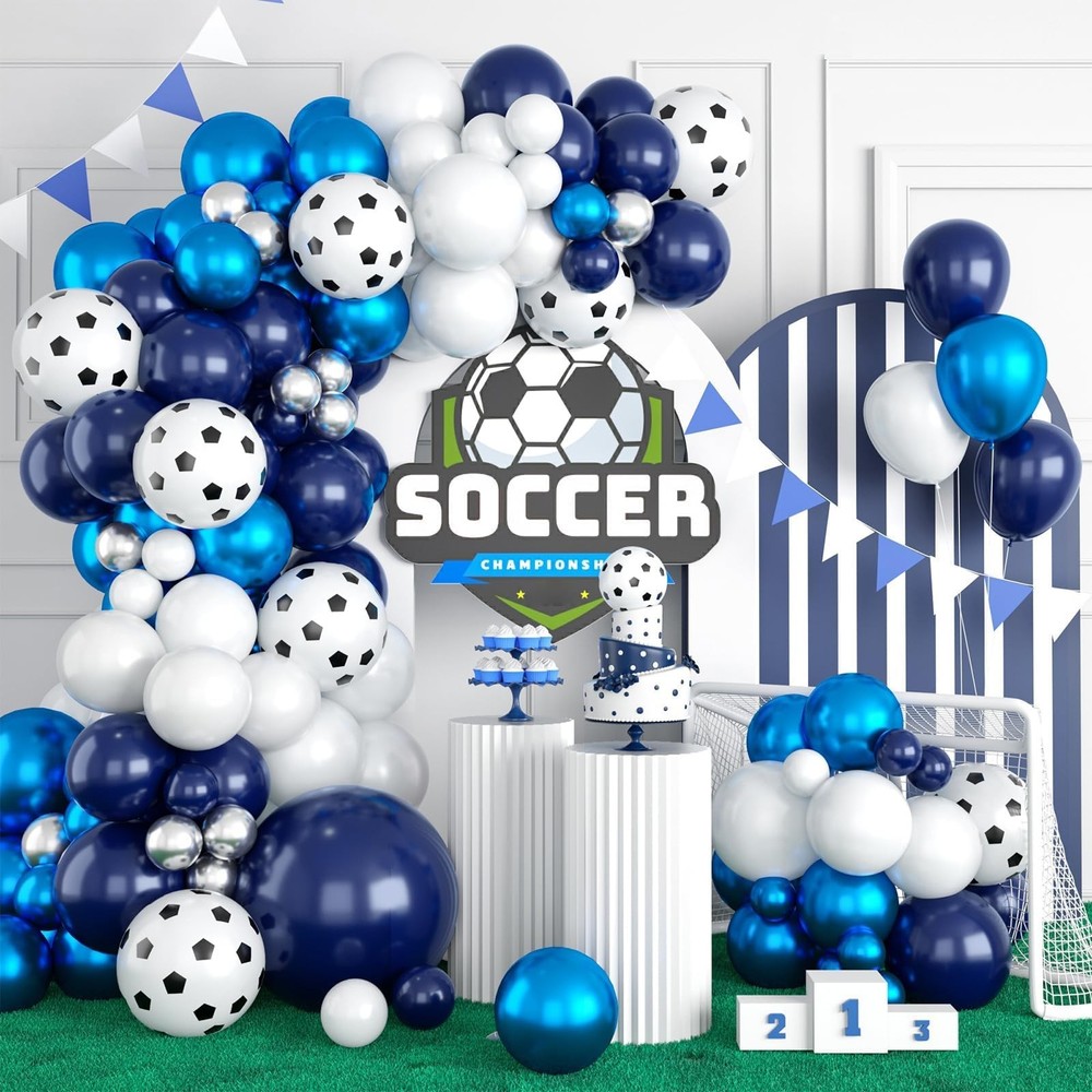 Soccer Balloon Arch Kit,Royal Blue Silver White Metallic Silver Football Ball…